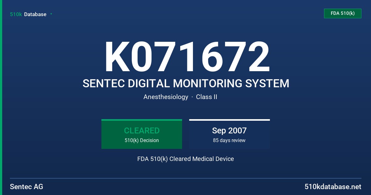 K071672 SENTEC DIGITAL MONITORING SYSTEM FDA 510(k) Cleared Medical Device