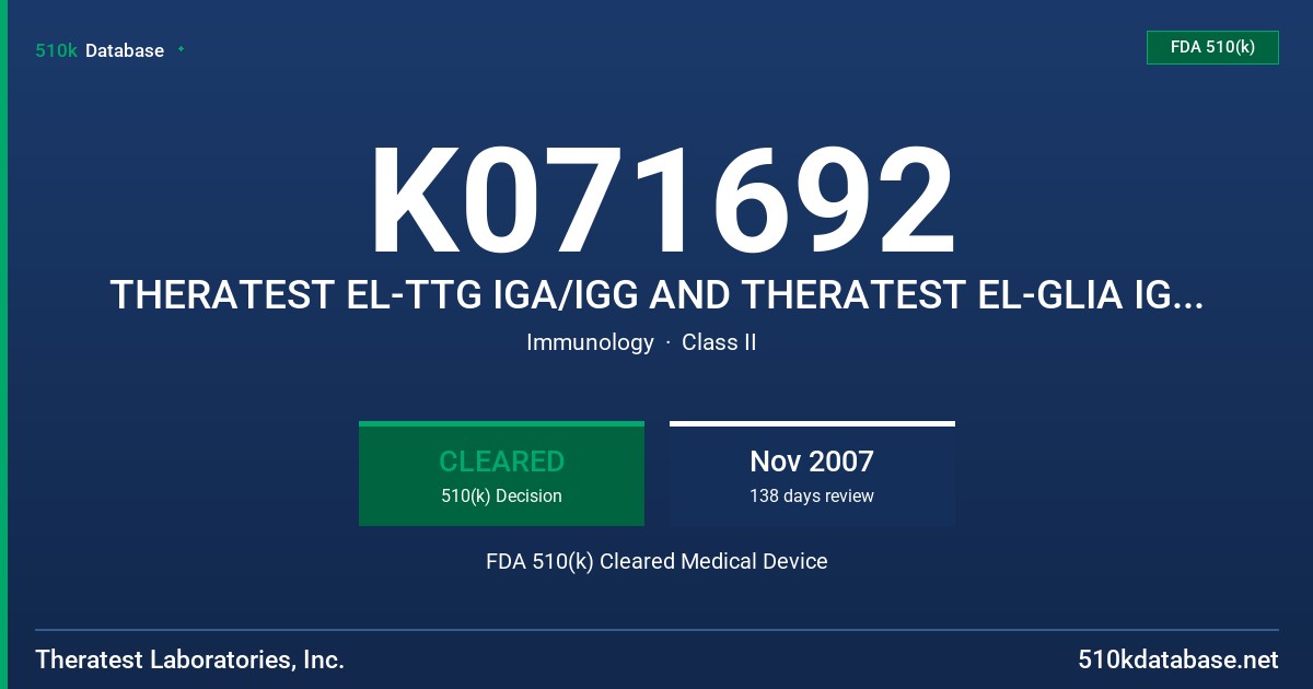 K071692 THERATEST EL-TTG IGA/IGG AND THERATEST EL-GLIA IGA/IGG TEST SYSTEMS FDA 510(k) Cleared Medical Device