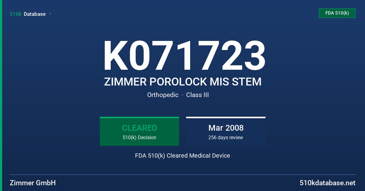 K071723 ZIMMER POROLOCK MIS STEM FDA 510(k) Cleared Medical Device