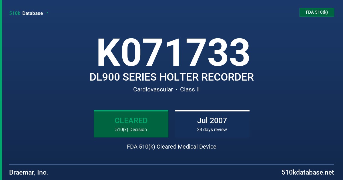 K071733 DL900 SERIES HOLTER RECORDER FDA 510(k) Cleared Medical Device