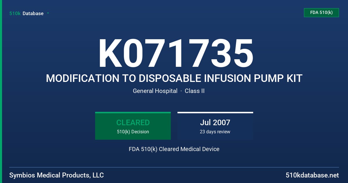 K071735 MODIFICATION TO DISPOSABLE INFUSION PUMP KIT FDA 510(k) Cleared Medical Device