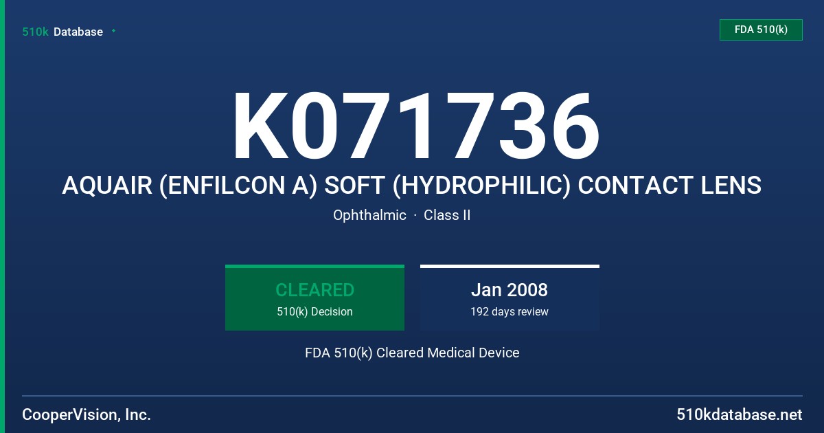 K071736 AQUAIR (ENFILCON A) SOFT (HYDROPHILIC) CONTACT LENS FDA 510(k) Cleared Medical Device
