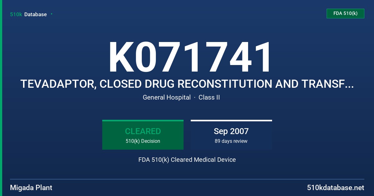 K071741 TEVADAPTOR, CLOSED DRUG RECONSTITUTION AND TRANSFER SYSTEM FDA 510(k) Cleared Medical Device