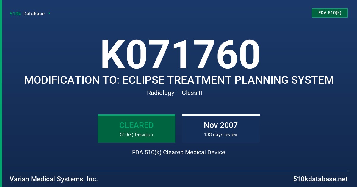 K071760 MODIFICATION TO: ECLIPSE TREATMENT PLANNING SYSTEM FDA 510(k) Cleared Medical Device