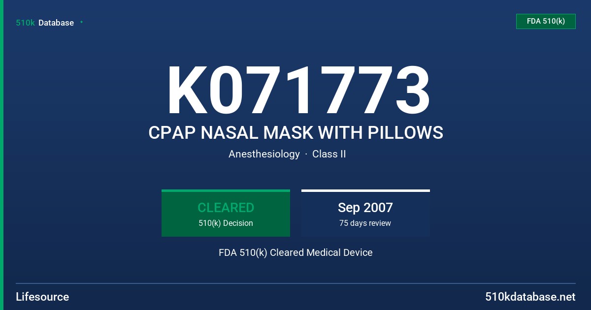 K071773 CPAP NASAL MASK WITH PILLOWS FDA 510(k) Cleared Medical Device