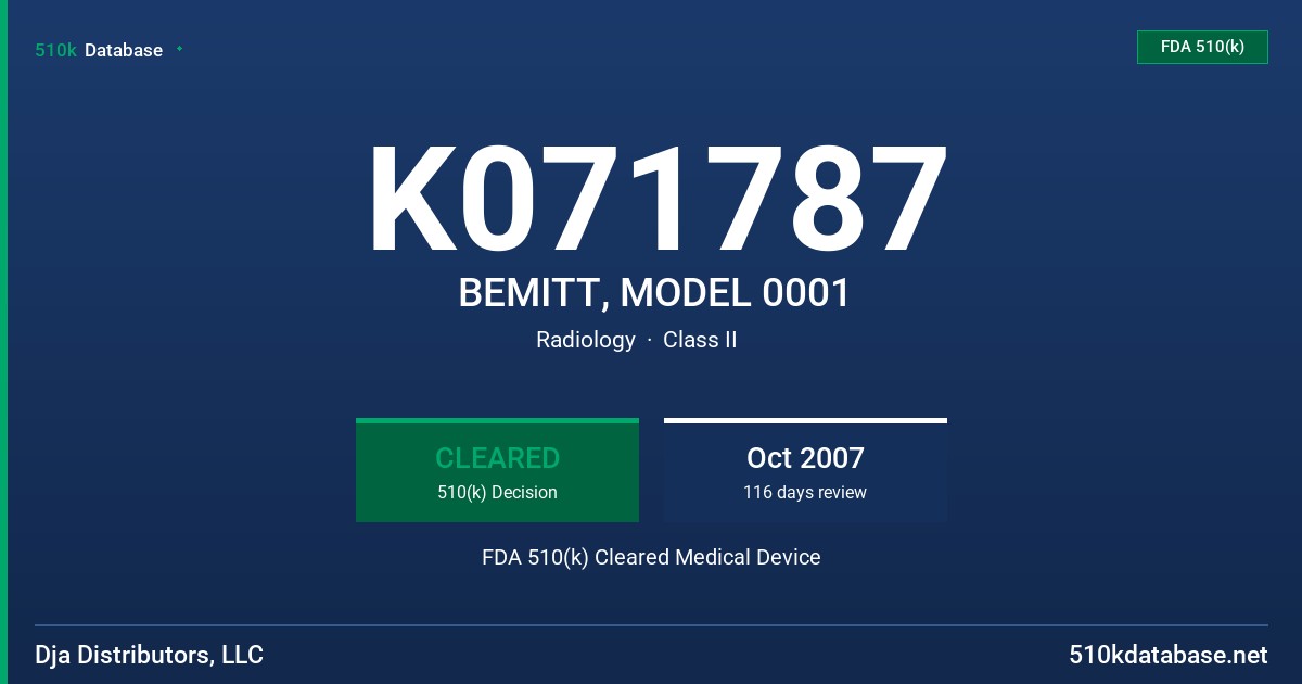 K071787 BEMITT, MODEL 0001 FDA 510(k) Cleared Medical Device