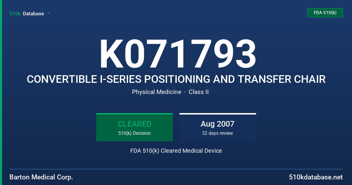 K071793 CONVERTIBLE I-SERIES POSITIONING AND TRANSFER CHAIR FDA 510(k) Cleared Medical Device