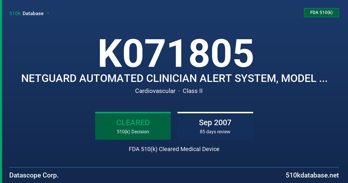 K071805 NETGUARD AUTOMATED CLINICIAN ALERT SYSTEM, MODEL 0998-00-1600-XX FDA 510(k) Cleared Medical Device