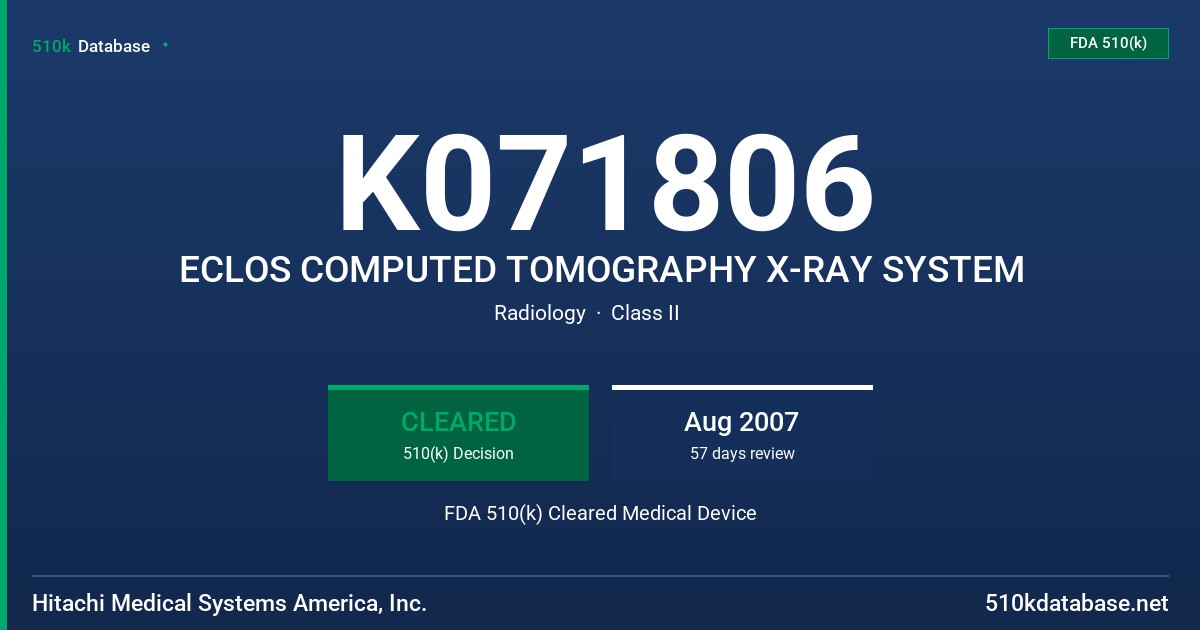 K071806 ECLOS COMPUTED TOMOGRAPHY X-RAY SYSTEM FDA 510(k) Cleared Medical Device
