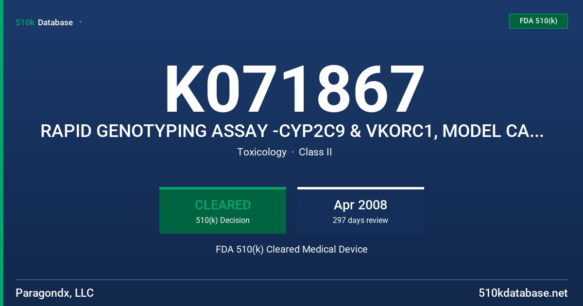 K071867 RAPID GENOTYPING ASSAY -CYP2C9 & VKORC1, MODEL CATALOG NO. 006+0203 GACTGA FDA 510(k) Cleared Medical Device