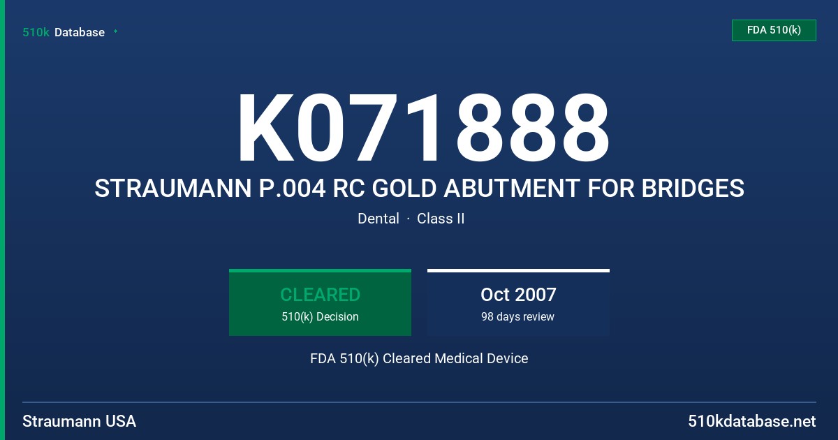 K071888 STRAUMANN P.004 RC GOLD ABUTMENT FOR BRIDGES FDA 510(k) Cleared Medical Device