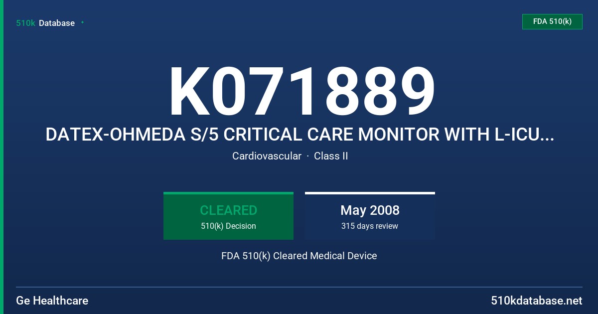 K071889 DATEX-OHMEDA S/5 CRITICAL CARE MONITOR WITH L-ICU05 AND L-ICU05A SOFTWARE FDA 510(k) Cleared Medical Device