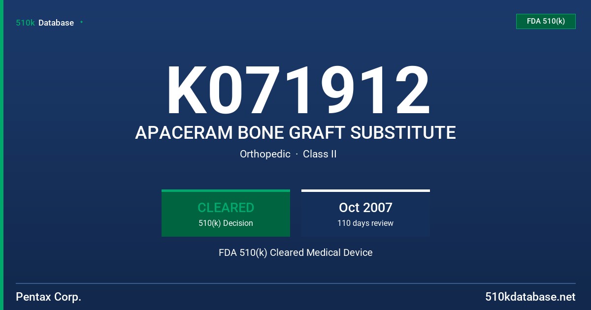 K071912 APACERAM BONE GRAFT SUBSTITUTE FDA 510(k) Cleared Medical Device