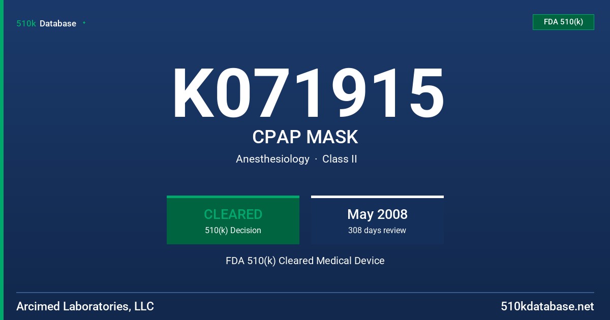 K071915 CPAP MASK FDA 510(k) Cleared Medical Device