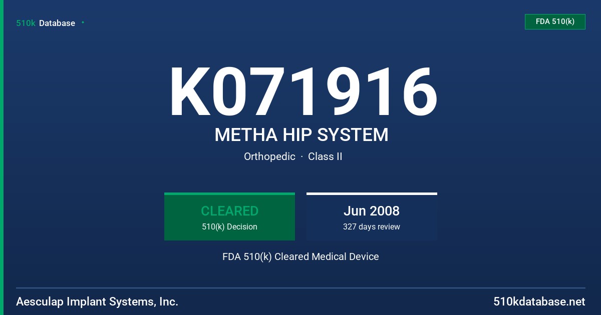 K071916 METHA HIP SYSTEM FDA 510(k) Cleared Medical Device