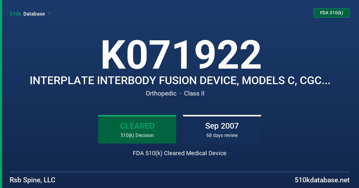 K071922 INTERPLATE INTERBODY FUSION DEVICE, MODELS C, CGC, L AND LGC FDA 510(k) Cleared Medical Device