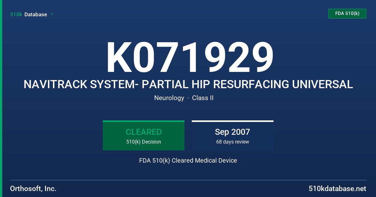 K071929 NAVITRACK SYSTEM- PARTIAL HIP RESURFACING UNIVERSAL FDA 510(k) Cleared Medical Device