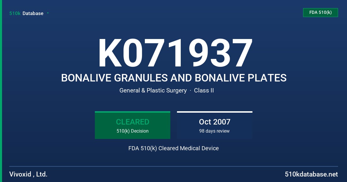 K071937 BONALIVE GRANULES AND BONALIVE PLATES FDA 510(k) Cleared Medical Device