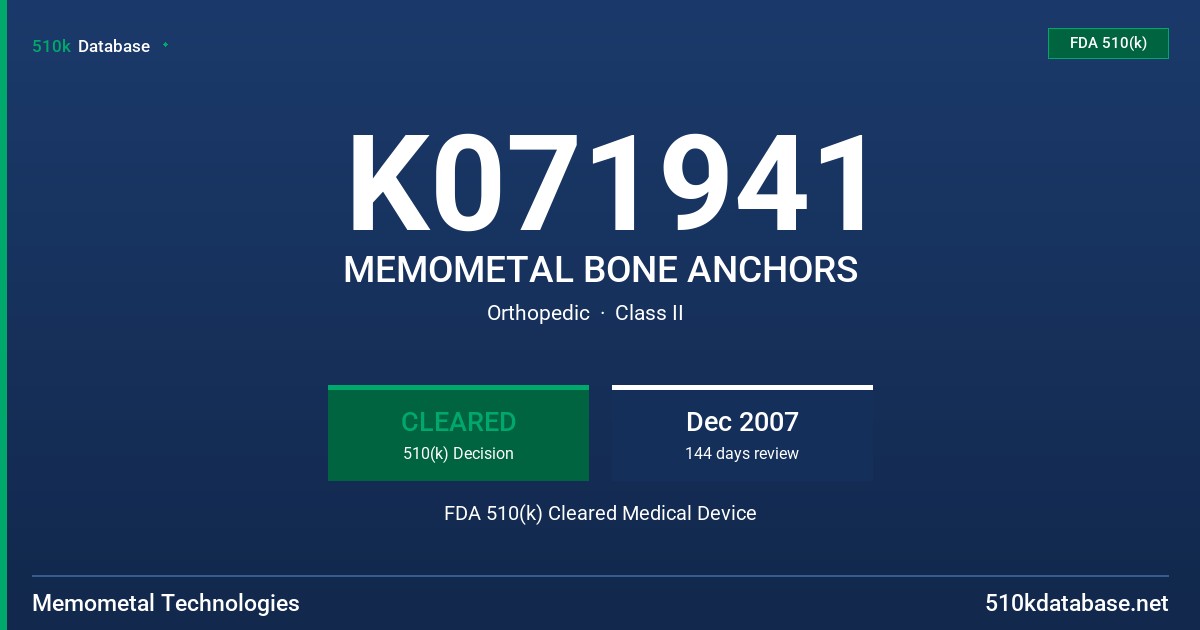 K071941 MEMOMETAL BONE ANCHORS FDA 510(k) Cleared Medical Device