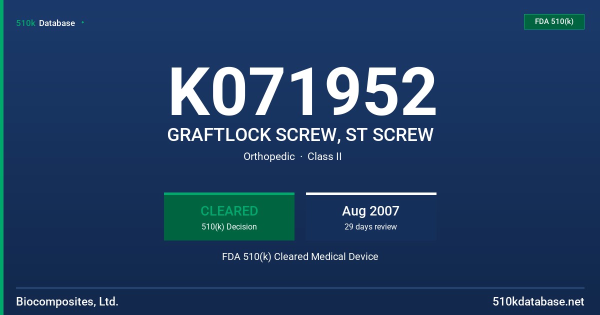 K071952 GRAFTLOCK SCREW, ST SCREW FDA 510(k) Cleared Medical Device