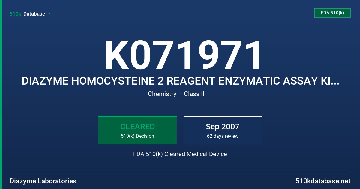 K071971 DIAZYME HOMOCYSTEINE 2 REAGENT ENZYMATIC ASSAY KIT, AND CALIBRATORS, MODEL(S) DZXXXA, DZXXXA-CAL FDA 510(k) Cleared Medical Device
