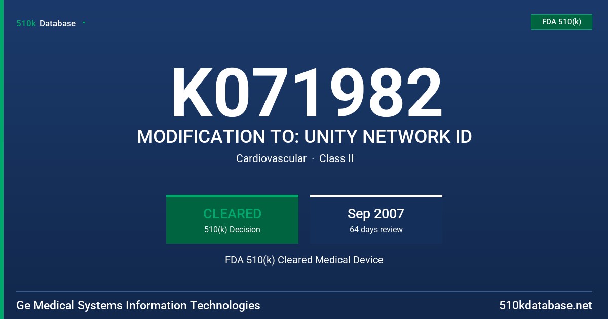K071982 MODIFICATION TO: UNITY NETWORK ID FDA 510(k) Cleared Medical Device