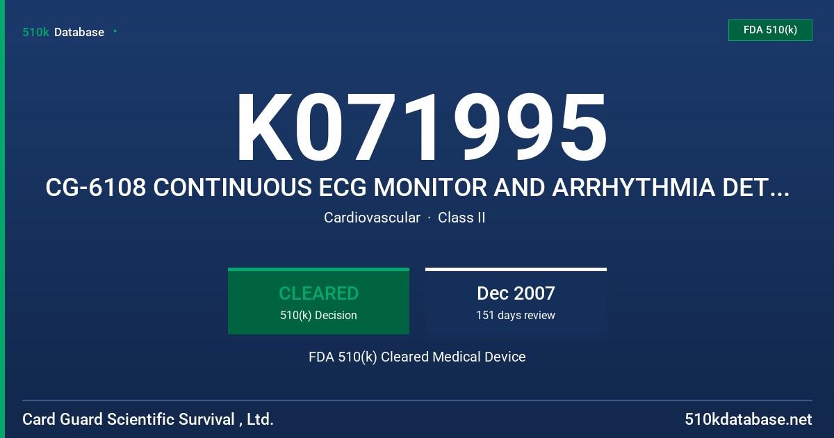 K071995 CG-6108 CONTINUOUS ECG MONITOR AND ARRHYTHMIA DETECTOR FDA 510(k) Cleared Medical Device