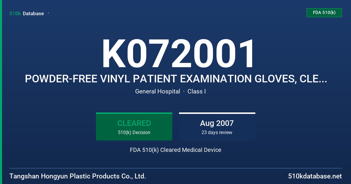 K072001 POWDER-FREE VINYL PATIENT EXAMINATION GLOVES, CLEAR (NON-COLORED) FDA 510(k) Cleared Medical Device