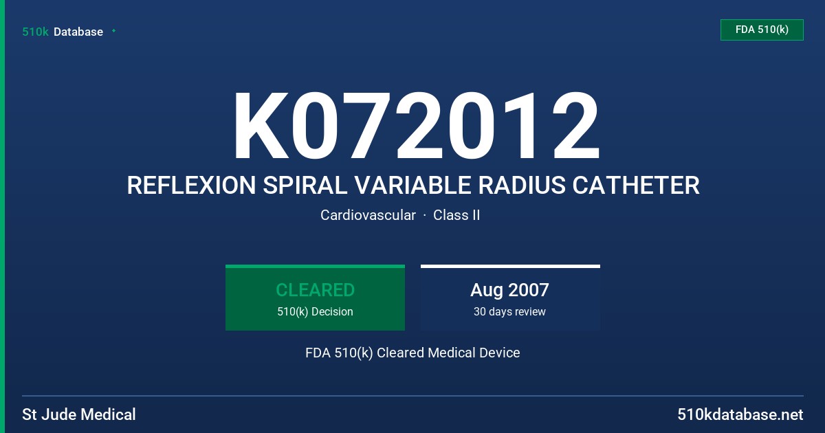 K072012 REFLEXION SPIRAL VARIABLE RADIUS CATHETER FDA 510(k) Cleared Medical Device