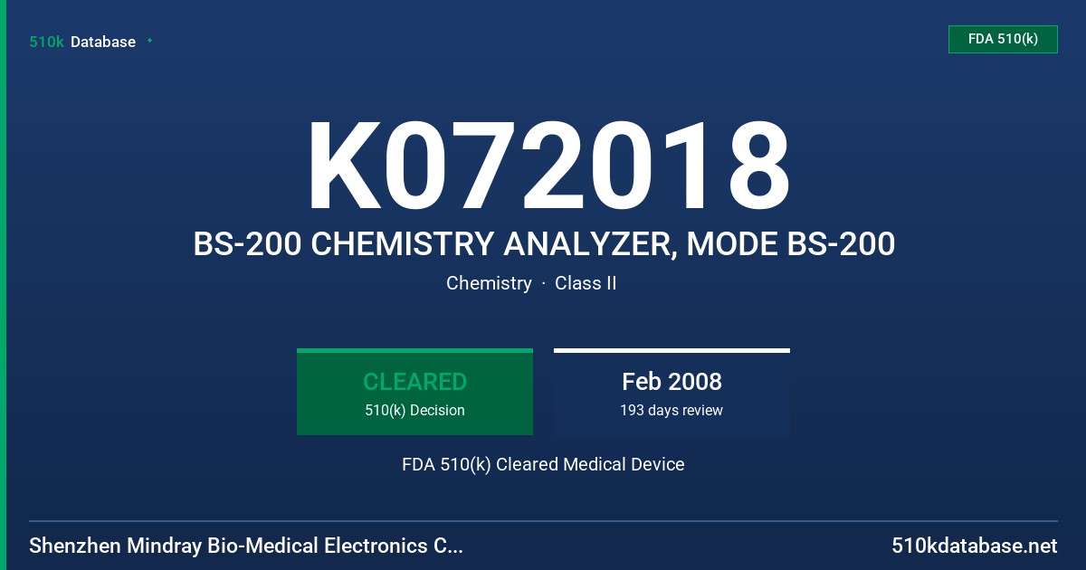K072018 BS-200 CHEMISTRY ANALYZER, MODE BS-200 FDA 510(k) Cleared Medical Device