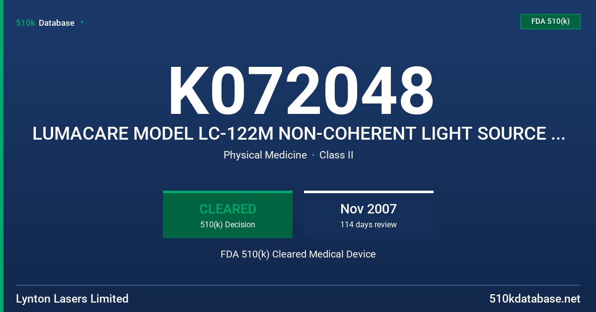 K072048 LUMACARE MODEL LC-122M NON-COHERENT LIGHT SOURCE AND  MODEL LUM-P FIBRE OPTIC PROBE FDA 510(k) Cleared Medical Device