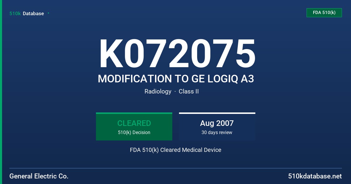 K072075 MODIFICATION TO GE LOGIQ A3 FDA 510(k) Cleared Medical Device