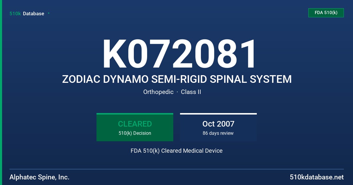 K072081 ZODIAC DYNAMO SEMI-RIGID SPINAL SYSTEM FDA 510(k) Cleared Medical Device
