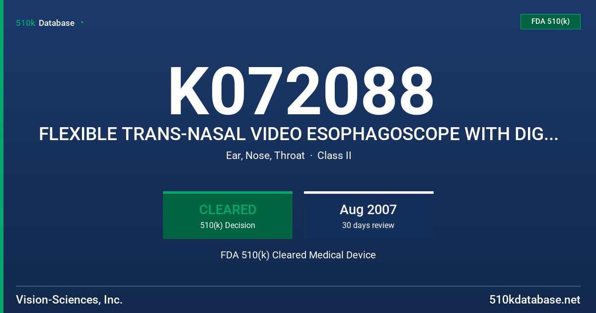 K072088 FLEXIBLE TRANS-NASAL VIDEO ESOPHAGOSCOPE WITH DIGITAL VIDEO PROCESSOR AND DISPOSABLE ENDOSHEATH SYSTEMS FDA 510(k) Cleared Medical Device
