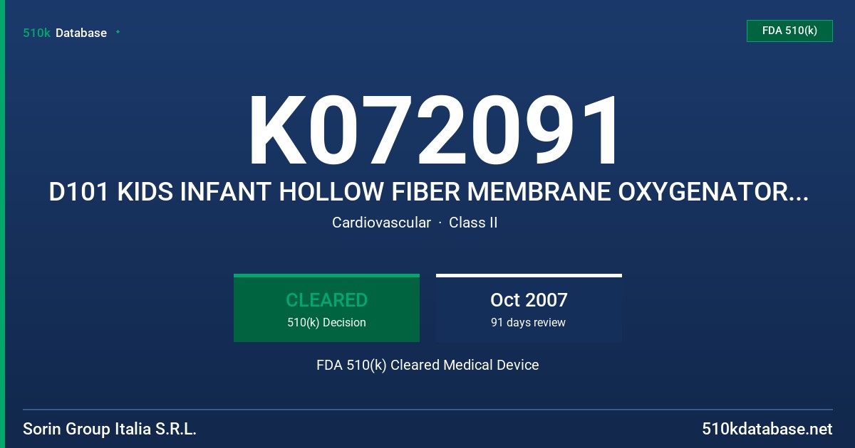 K072091 D101 KIDS INFANT HOLLOW FIBER MEMBRANE OXYGENATOR WITH INTEGRATED HARDSHELL CARDIOTOMY/VENOUS RESERVOIR FDA 510(k) Cleared Medical Device