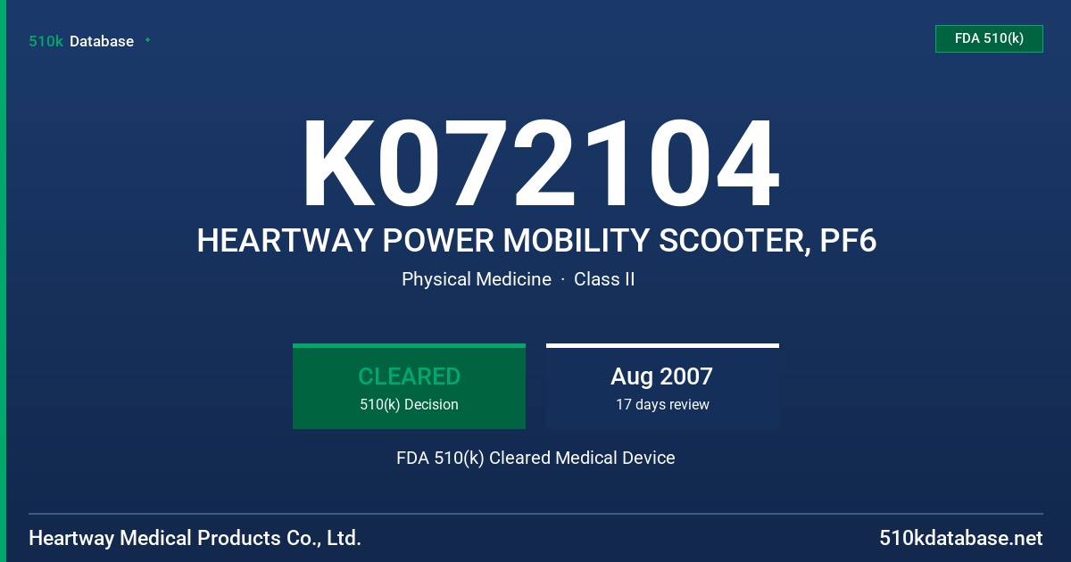 K072104 HEARTWAY POWER MOBILITY SCOOTER, PF6 FDA 510(k) Cleared Medical Device