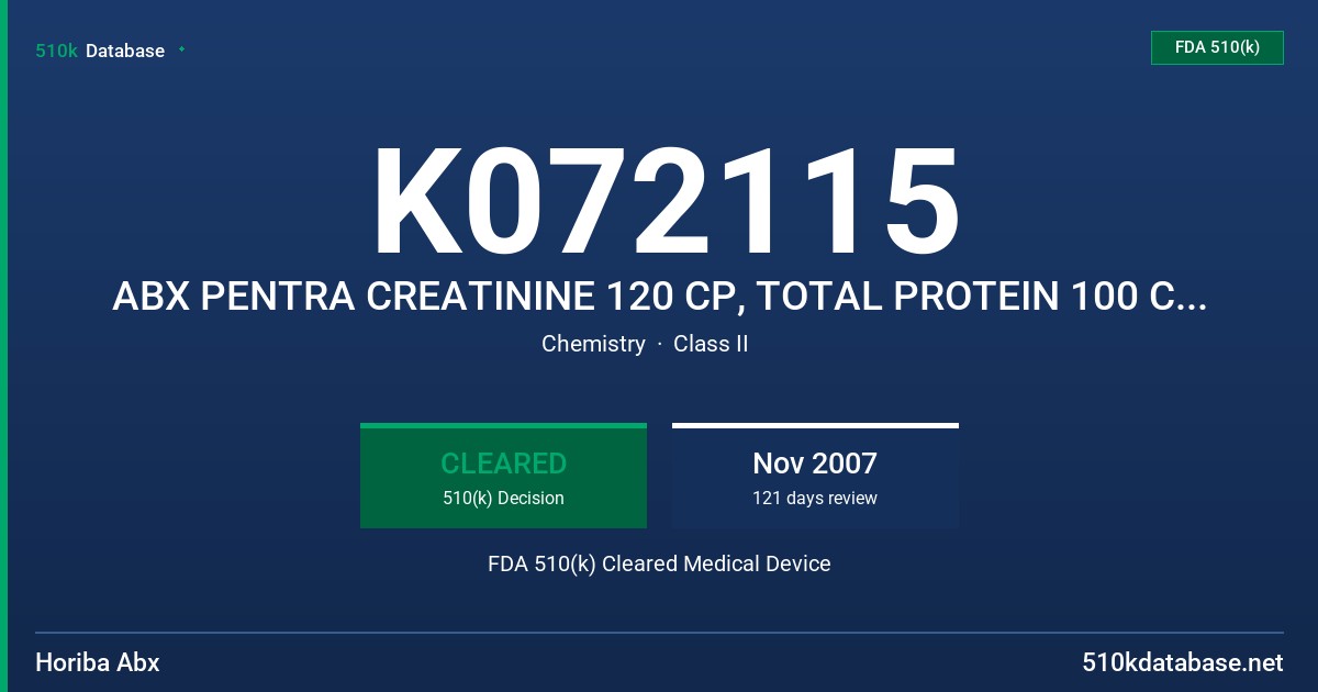 K072115 ABX PENTRA CREATININE 120 CP, TOTAL PROTEIN 100 CP, MULTICAL, N AND P CONTROLS, AND URINE CONTROL L/H FDA 510(k) Cleared Medical Device