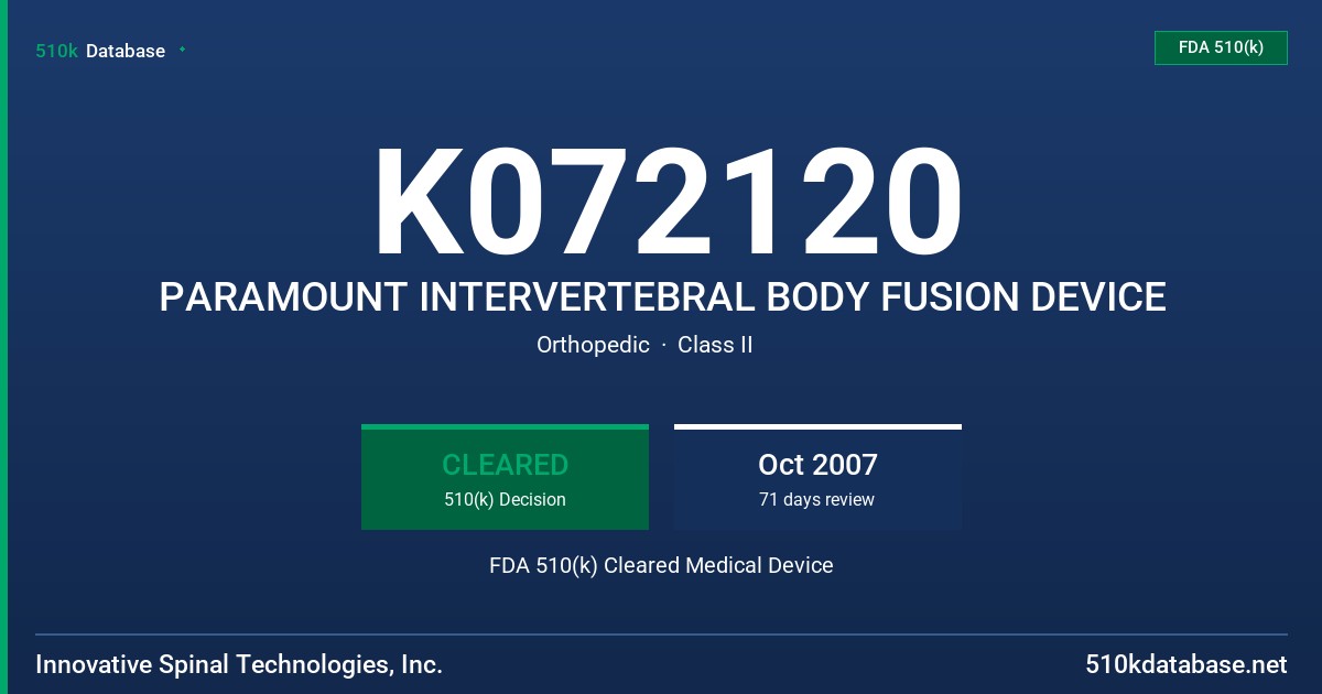 K072120 PARAMOUNT INTERVERTEBRAL BODY FUSION DEVICE FDA 510(k) Cleared Medical Device