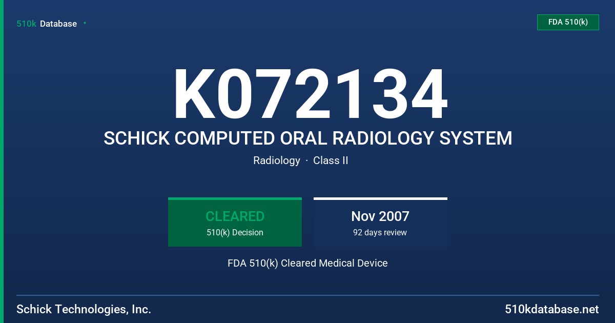 K072134 SCHICK COMPUTED ORAL RADIOLOGY SYSTEM FDA 510(k) Cleared Medical Device