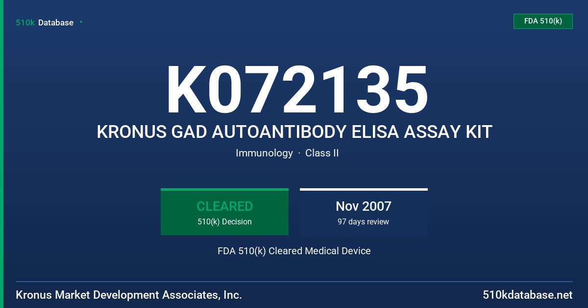 K072135 KRONUS GAD AUTOANTIBODY ELISA ASSAY KIT FDA 510(k) Cleared Medical Device