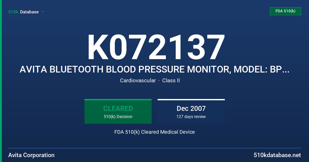 K072137 AVITA BLUETOOTH BLOOD PRESSURE MONITOR, MODEL: BPM656ZB FDA 510(k) Cleared Medical Device