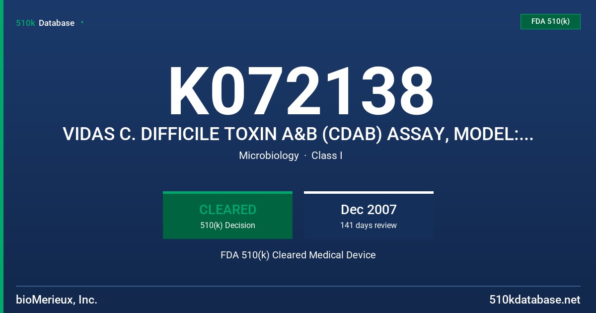 K072138 VIDAS C. DIFFICILE TOXIN A&B (CDAB) ASSAY, MODEL: 30 118 FDA 510(k) Cleared Medical Device