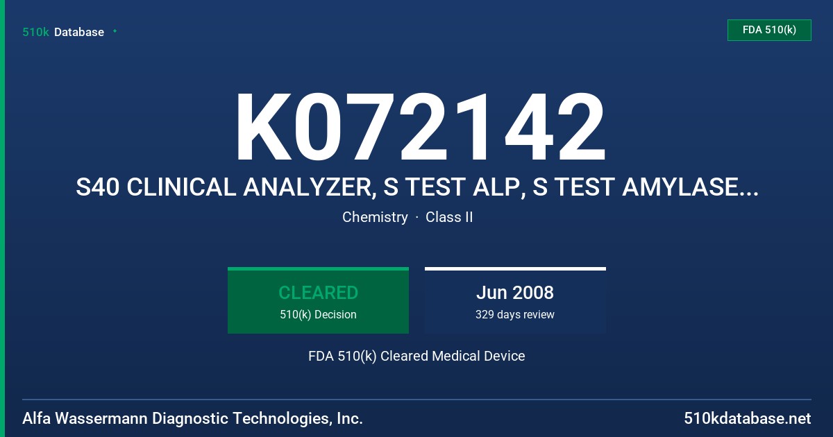 K072142 S40 CLINICAL ANALYZER, S TEST ALP, S TEST AMYLASE, S TEST AST FDA 510(k) Cleared Medical Device