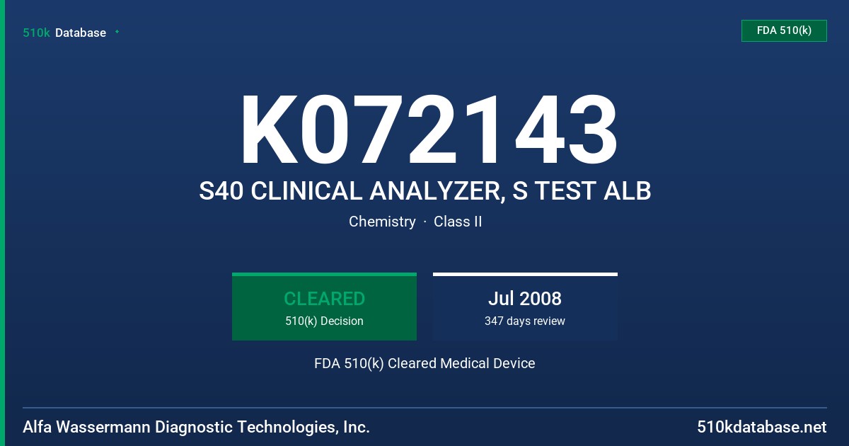 K072143 S40 CLINICAL ANALYZER, S TEST ALB FDA 510(k) Cleared Medical Device
