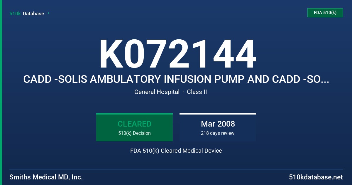 K072144 CADD -SOLIS AMBULATORY INFUSION PUMP AND CADD -SOLIS MEDICATION SAFETY SOFTWARE - ADMINISTRATOR FDA 510(k) Cleared Medical Device