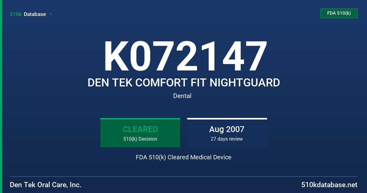K072147 DEN TEK COMFORT FIT NIGHTGUARD FDA 510(k) Cleared Medical Device