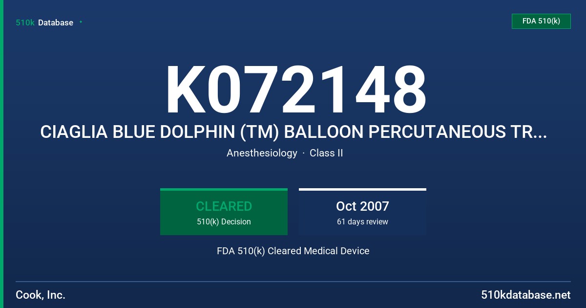 K072148 CIAGLIA BLUE DOLPHIN (TM) BALLOON PERCUTANEOUS TRACHEOSTOMY INTRODUCER FDA 510(k) Cleared Medical Device