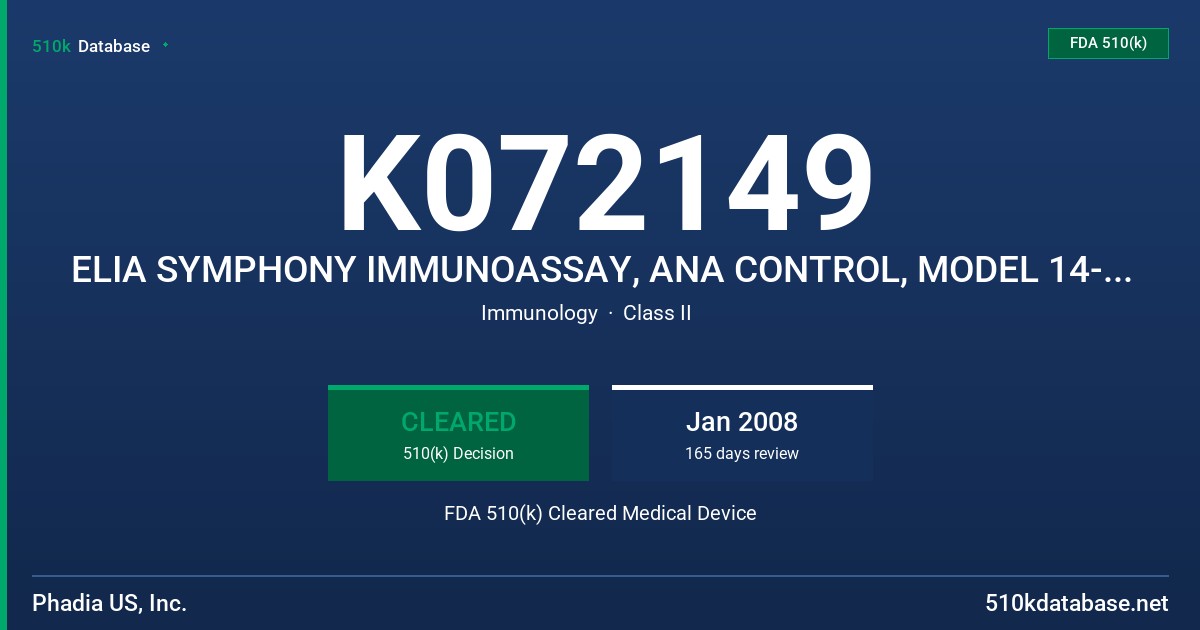 K072149 ELIA SYMPHONY IMMUNOASSAY, ANA CONTROL, MODEL 14-55508-01,83-1004-01 FDA 510(k) Cleared Medical Device