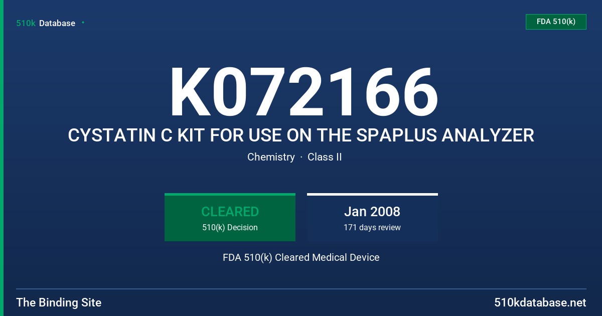 K072166 CYSTATIN C KIT FOR USE ON THE SPAPLUS ANALYZER FDA 510(k) Cleared Medical Device