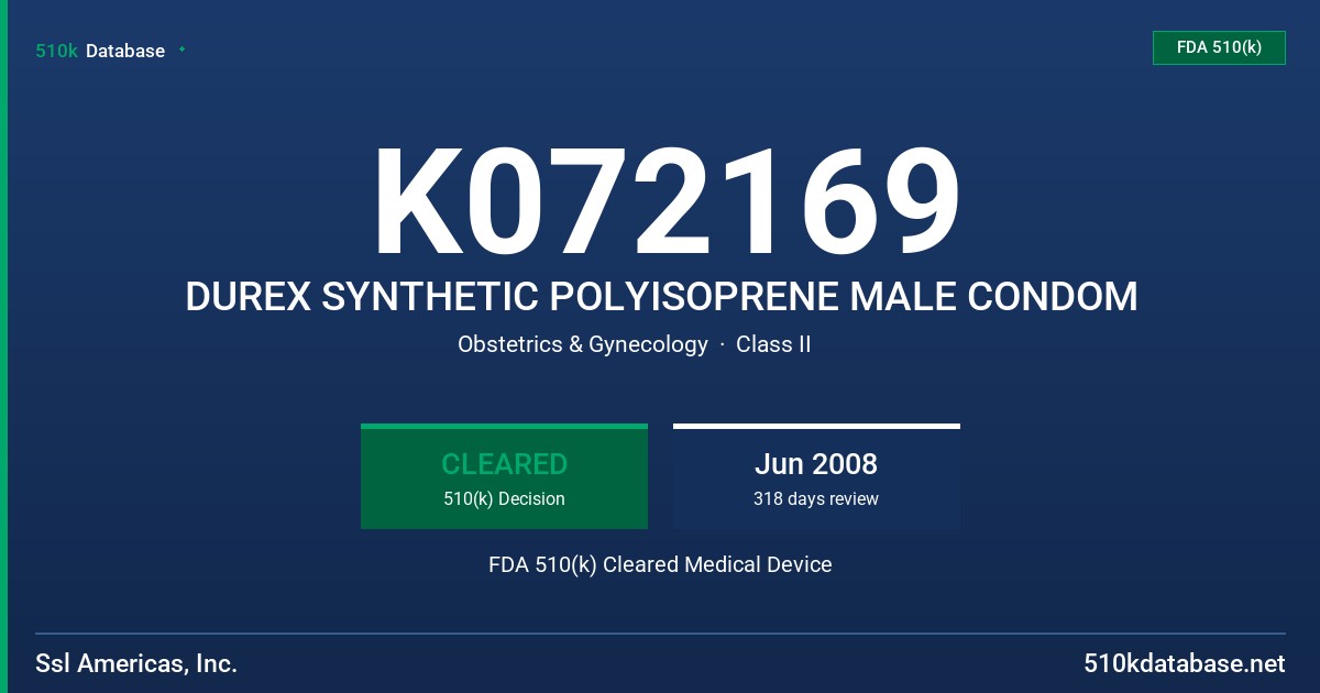 K072169 DUREX SYNTHETIC POLYISOPRENE MALE CONDOM FDA 510(k) Cleared Medical Device